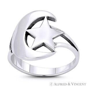 Crescent Moon & Star Turkish & Islam Charm Ring in .925 Sterling Silver Size 7